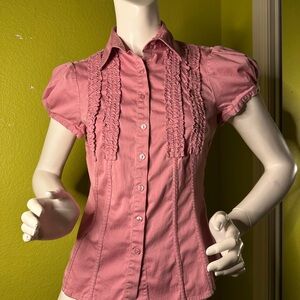 The Limited Pink Ruffly Collared Button-up Top with Puffy Short Sleeves